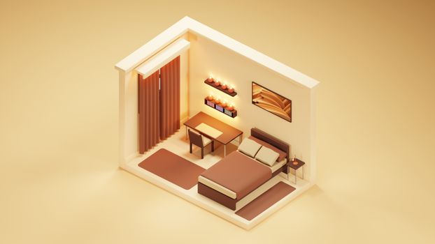 A modern isometric bedroom design featuring minimalist furniture with warm tones.