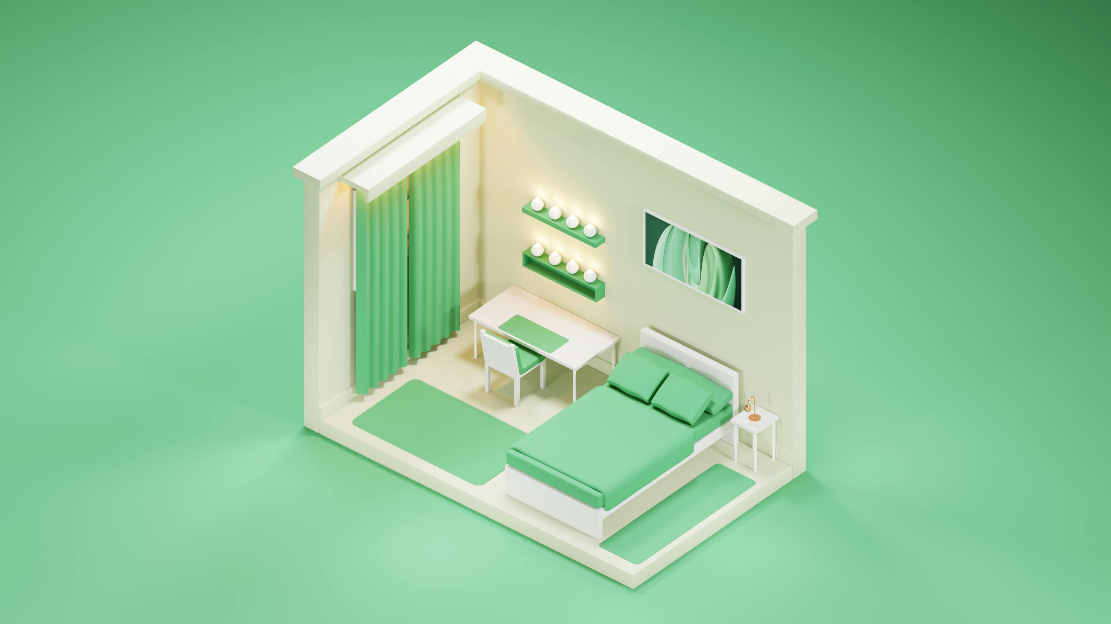 Ücretsiz Yeşil detaylar ve modern dekoratif unsurlarla döşenmiş şık, minimalist yatak odası. Stok Fotoğraflar