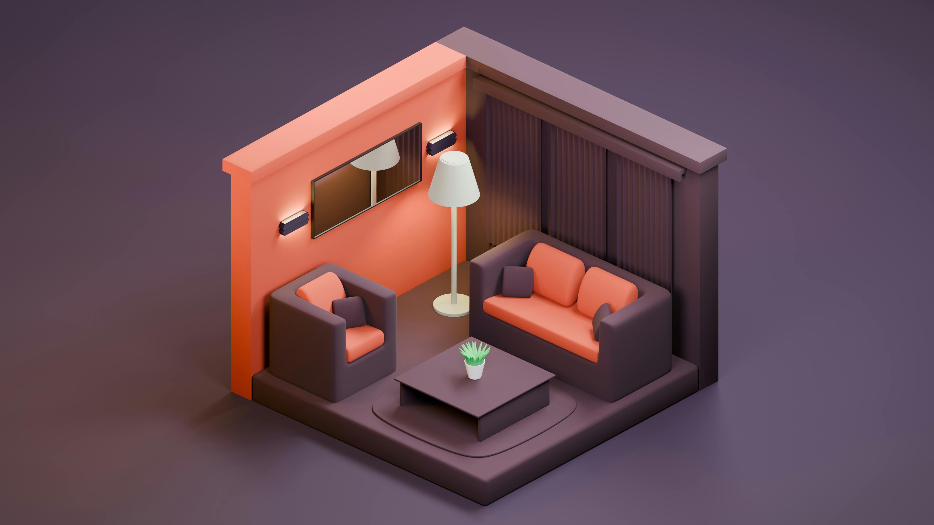 Free Isometric view of a stylish minimalist living room interior in 3D render. Stock Photo