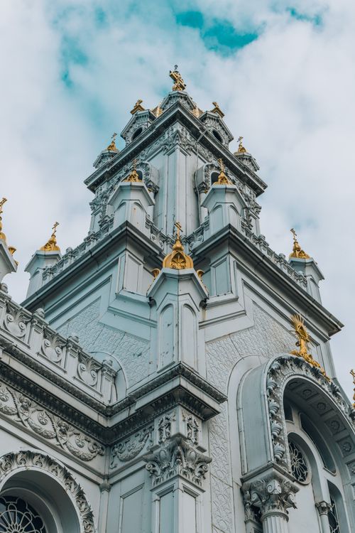 Free Stunning architectural detail of St. Stephen Church, a blend of neo-Gothic and Ottoman styles. Stock Photo