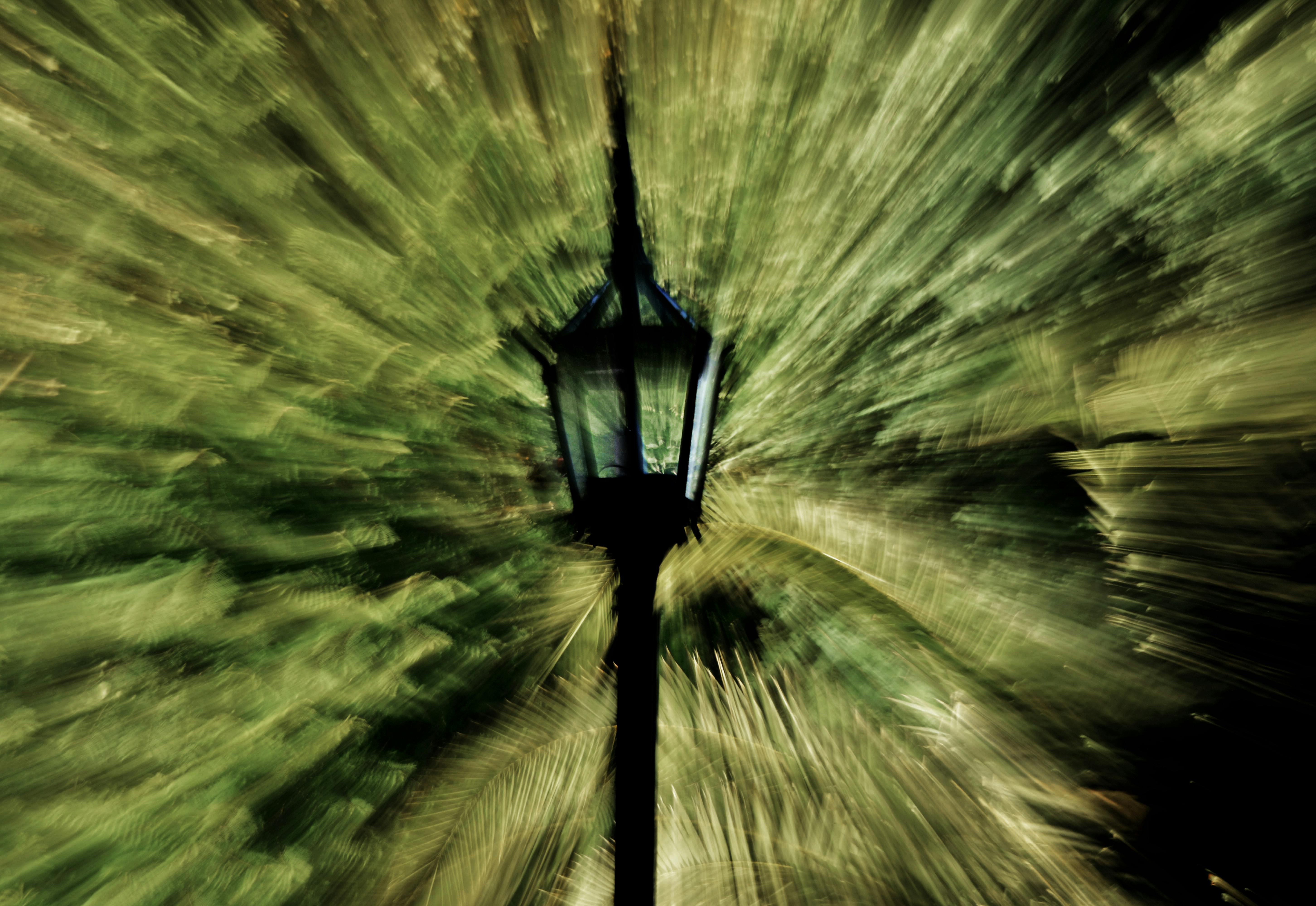 Kostenlos Ein dynamischer Zoom-Effekt auf eine von grünem Laub umgebene, historische Laterne erzeugt eine künstlerische Illusion. Stock-Foto