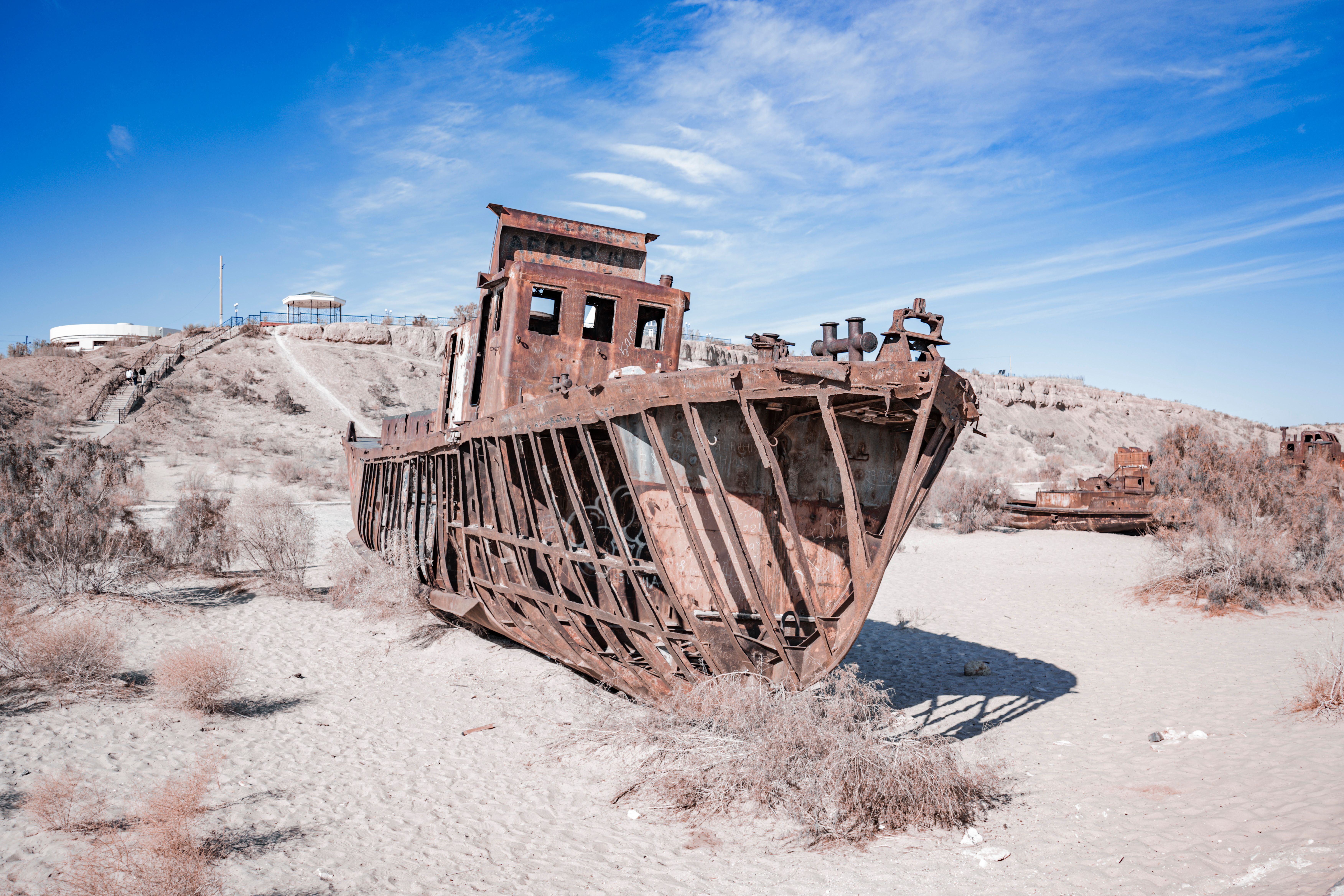Rusty Shipwreck in the Deserted Aral Seabed