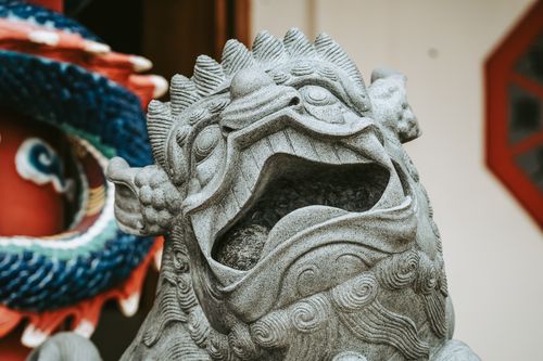 Free Close-up of a traditional stone guardian lion statue at a Chinese temple in Surabaya. Stock Photo