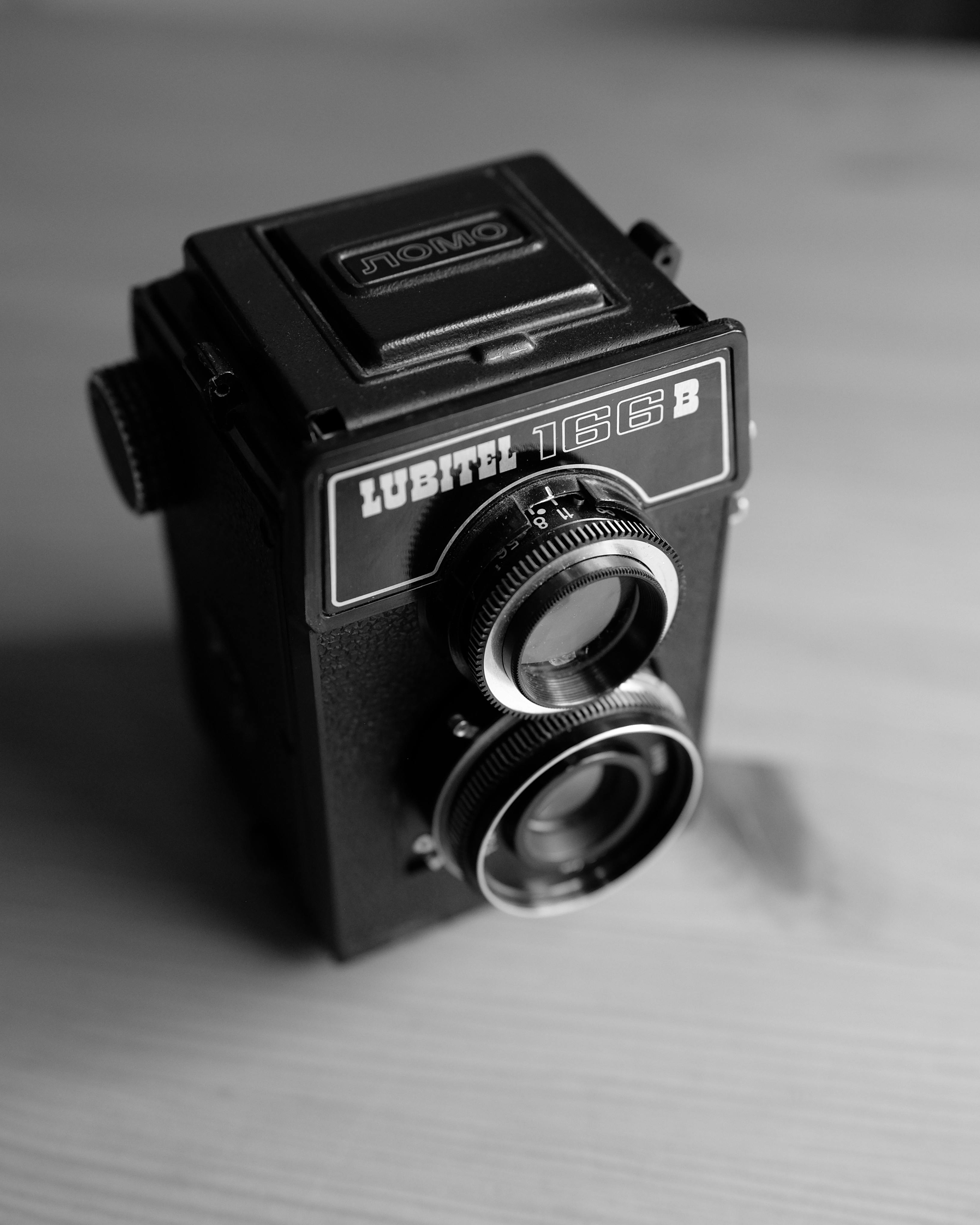 Gratuit Gros plan en noir et blanc d'un appareil photo vintage Lubitel 166B, mettant en valeur son design rétro. Photos