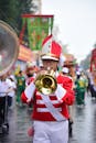 Colorful Parade with Brass Instrument Player in Focus