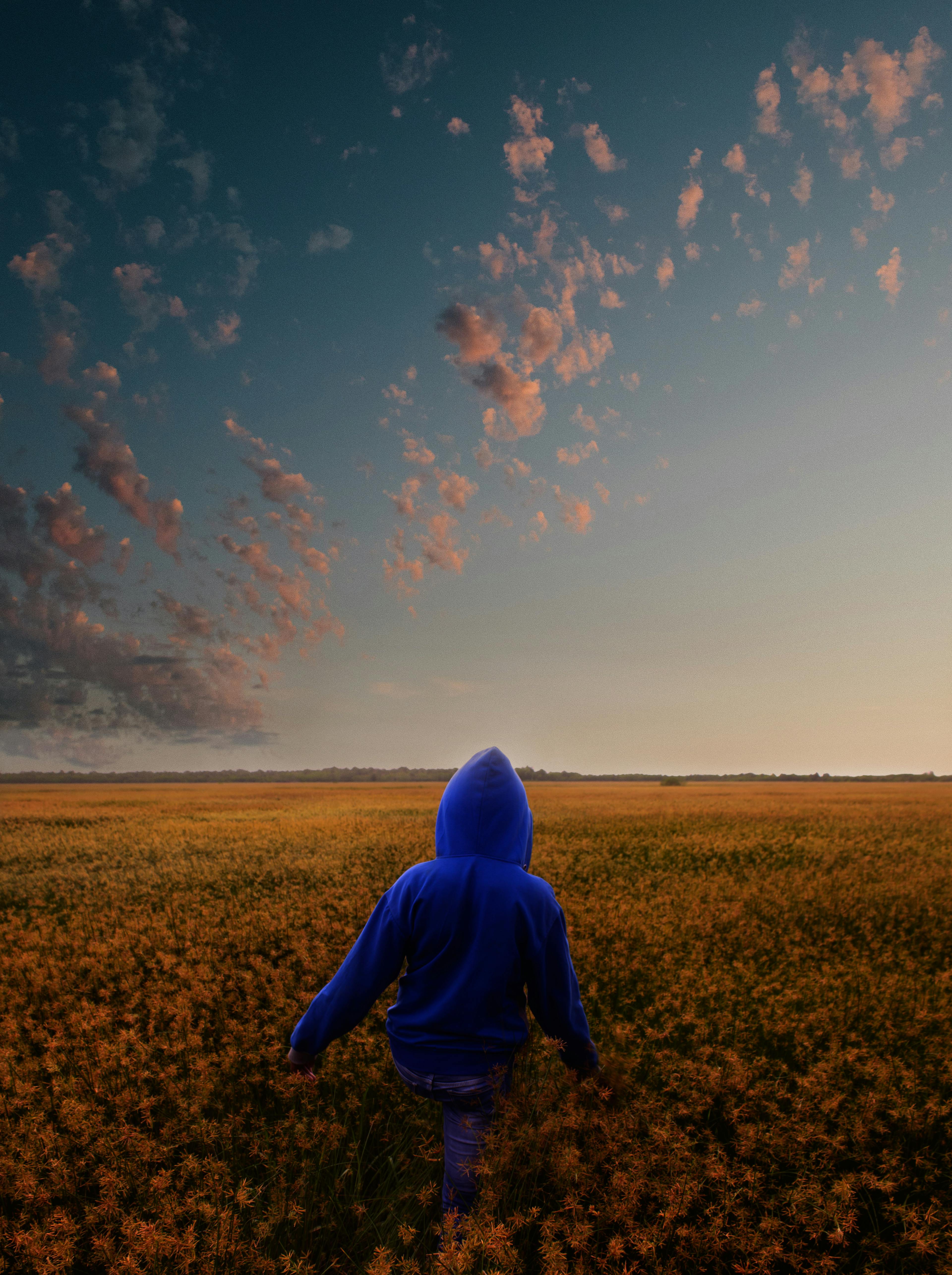 黄昏时分，在印度尼西亚巴布亚莫劳克的乡村田野上，一个穿着蓝色连帽衫的人走过