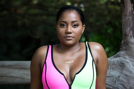 一位自信的女性身着充满活力的运动服，在户外展现出自然、优雅的迷人风采