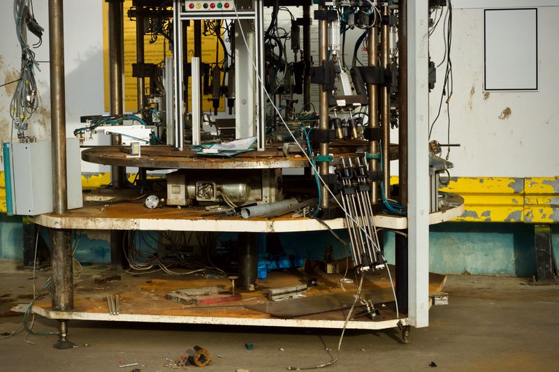 Detailed view of complex industrial machinery featuring metal components and wiring