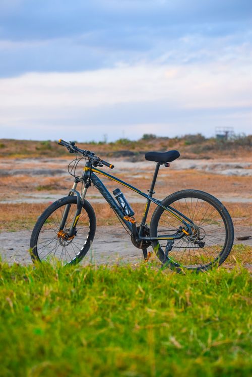 Free A mountain bike on a grassy field under a partly cloudy sky, perfect for adventurous rides. Stock Photo