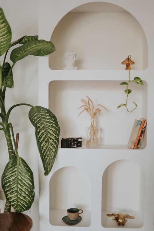 Free Stylish white shelf with plants, camera, and decor in a cozy indoor setting. Stock Photo
