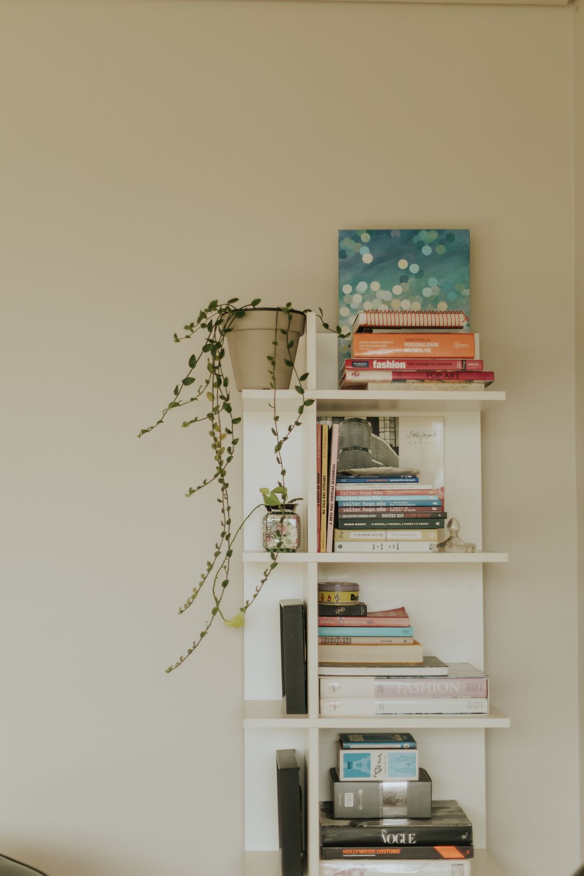 Stylish minimalist bookshelf with books, decor and a cascading plant