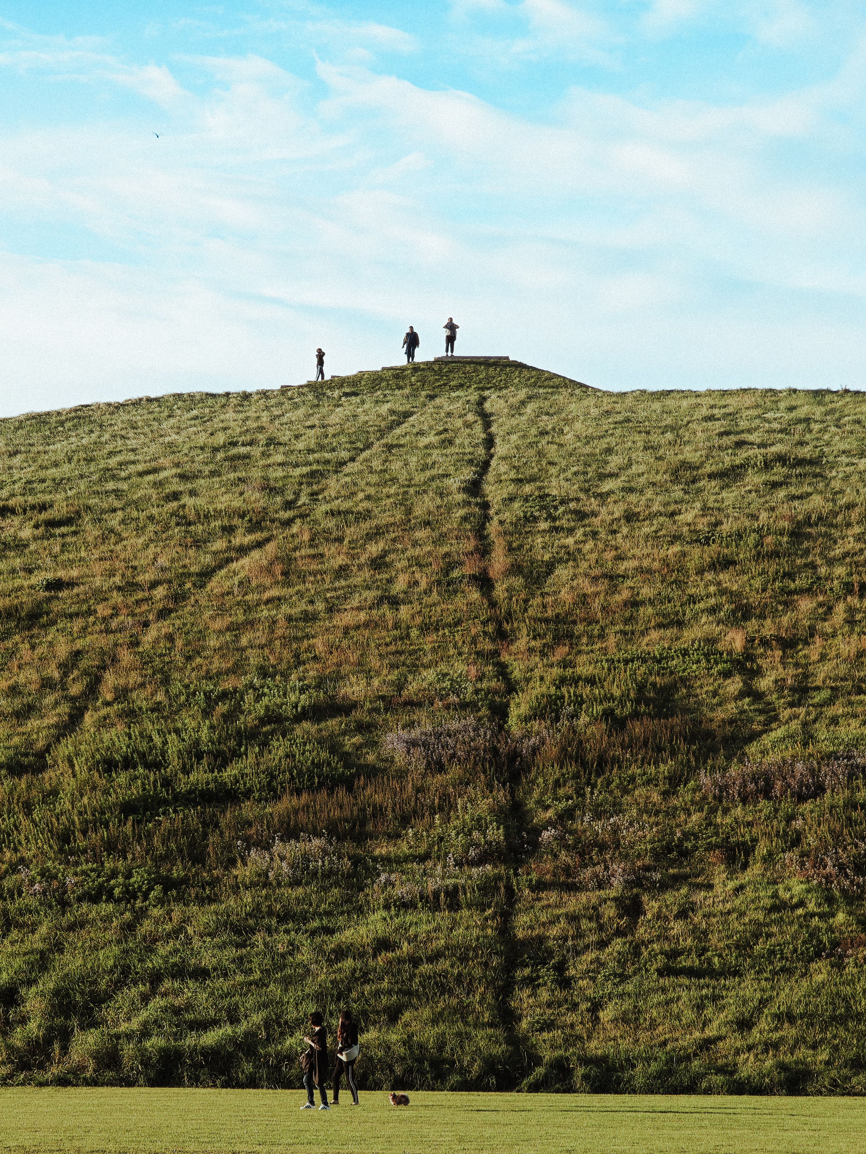 A picturesque hill in Moerenuma Park, Sapporo, with people enjoying a clear sunny day.