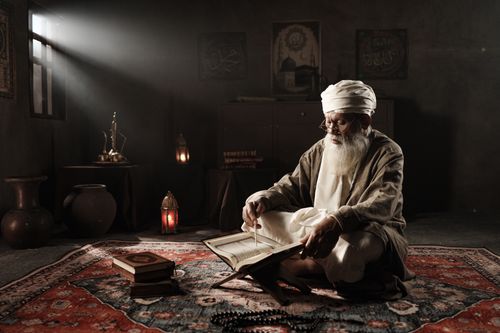 Free An elderly man reads the Quran in a traditional indoor setting, illuminated by soft lighting. Stock Photo
