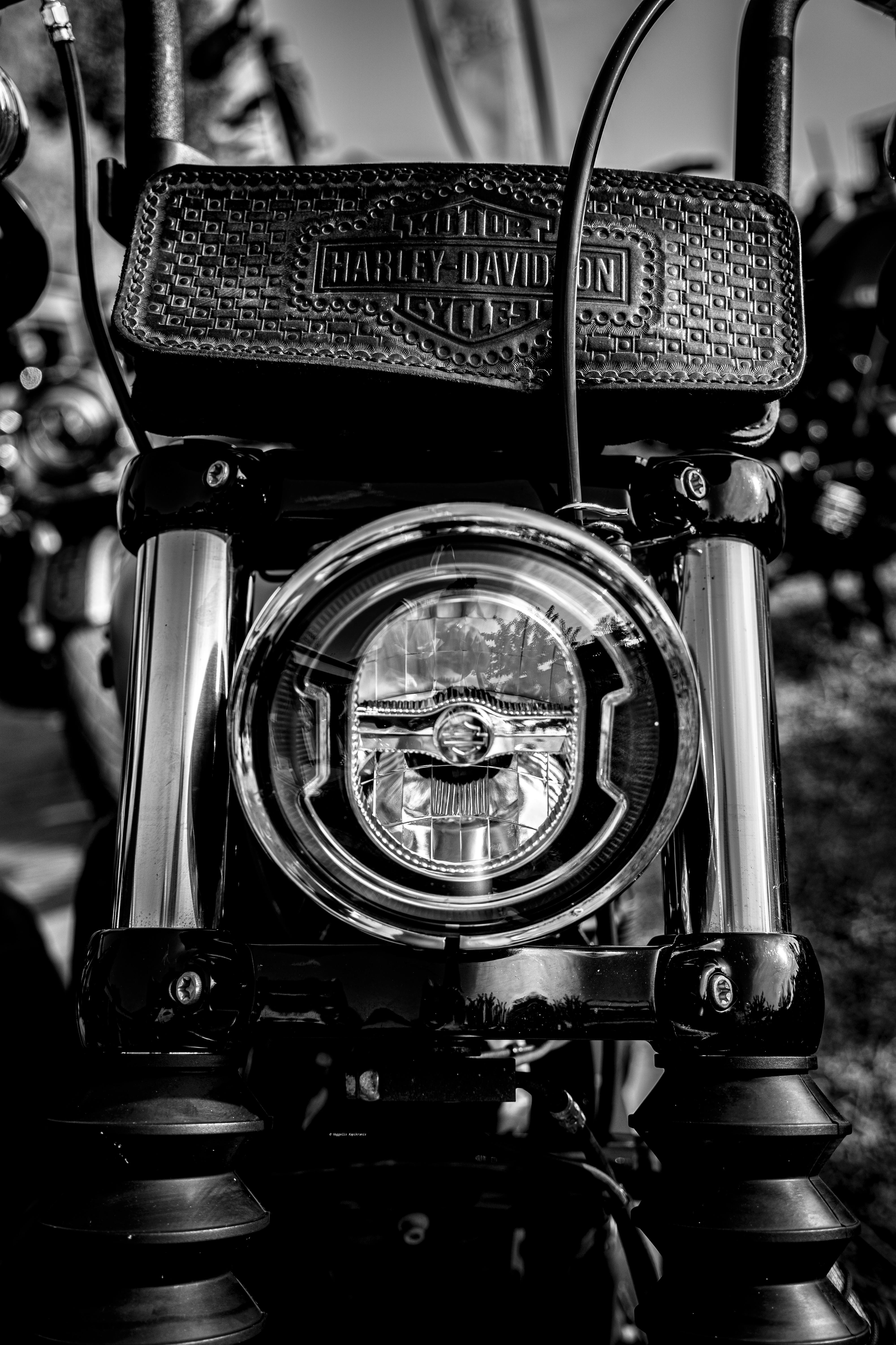Black and white close-up of Harley-Davidson motorcycle in Athens, Greece.