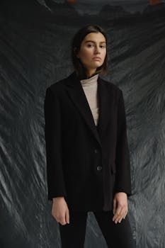 一位穿着时尚黑色西装外套的女子表情若有所思，显得十分宁静