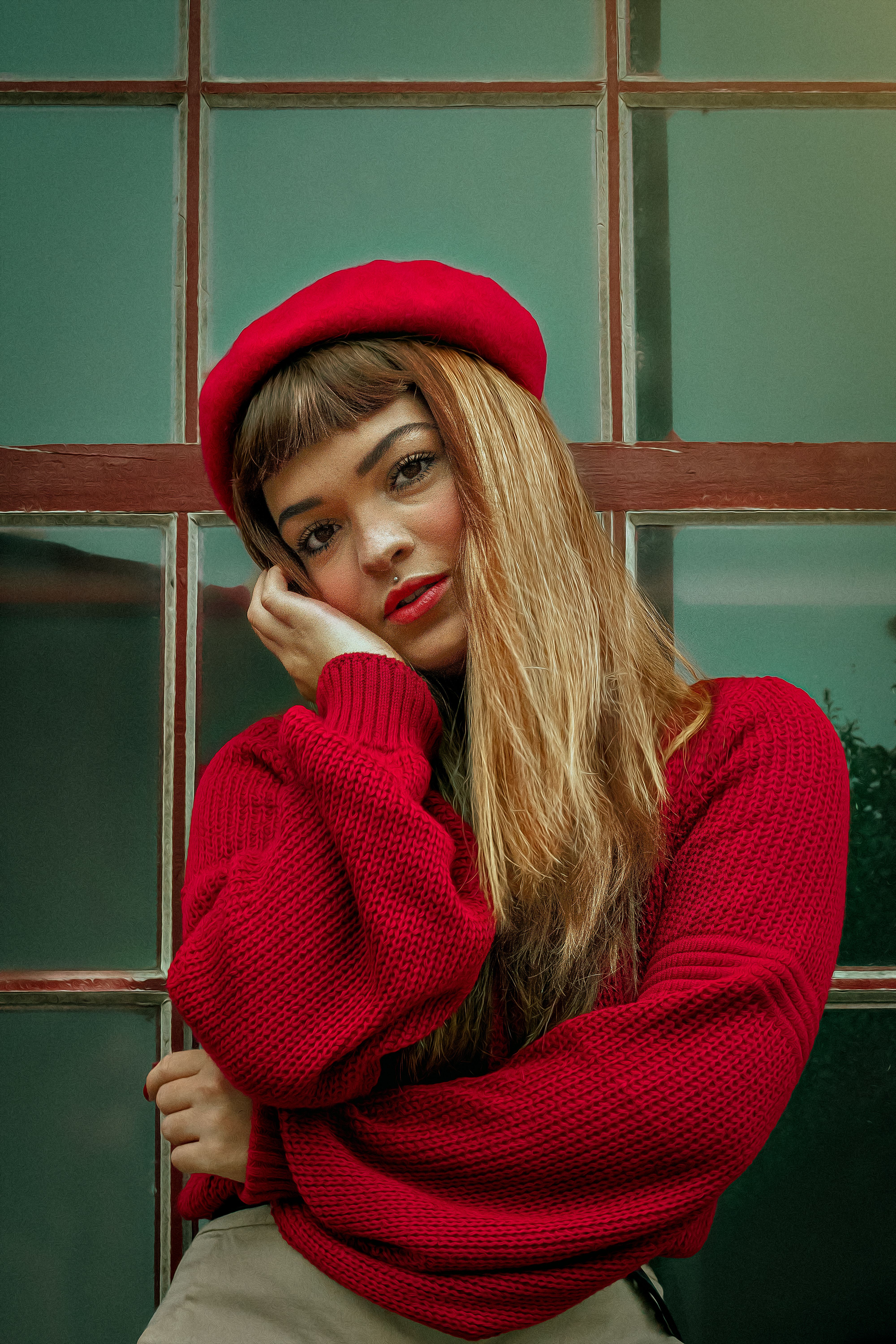 Stylish Woman in Red Beret Posing Against Window · Free Stock Photo