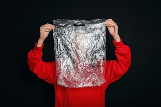 Conceptual image of a person holding a clear plastic bag, symbolizing pollution and recycling themes.