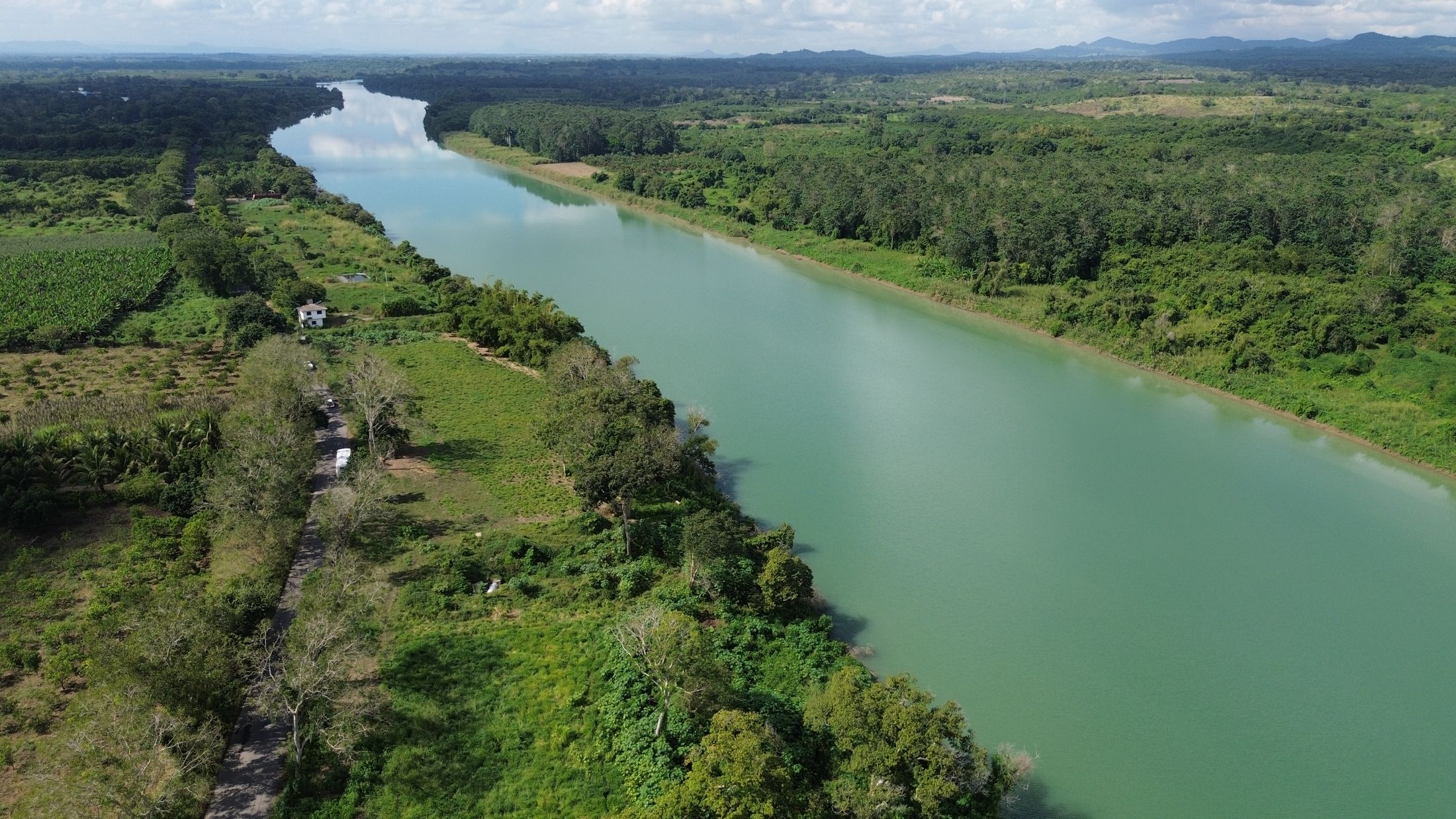 Aerial view of a river winding through a green landscape