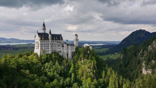 Aerial view of Neuschwanstein Castle surrounded by lush greenery in Schwangau, Germany.