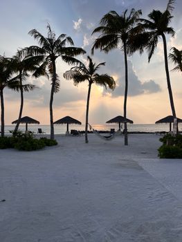 Experience the serene beauty of a Maldives beach at sunset, with hammocks and palm trees framing the view.
