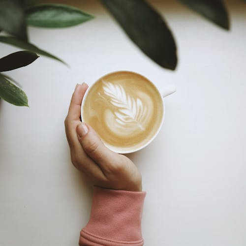 Free Person Holding White Ceramic Cup With Cappuccino Stock Photo
