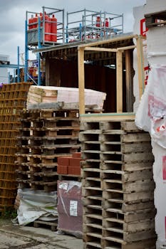 Wooden pallets stacked—dispatch readiness.