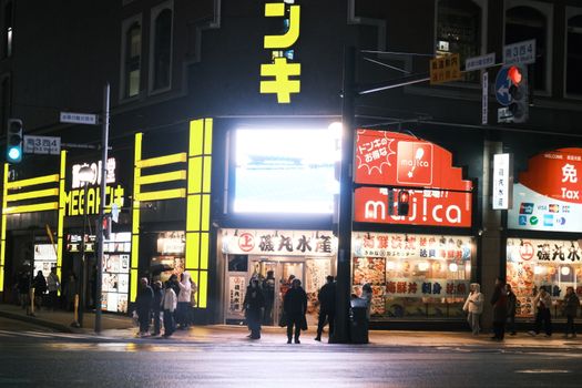Bustling street scene in Sapporo, Hokkaido, showcasing vibrant store signs at night.