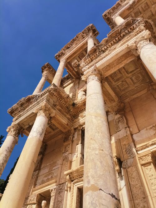 Free Detailed view of the ancient Roman Library of Celsus in Ephesus with clear blue sky. Stock Photo