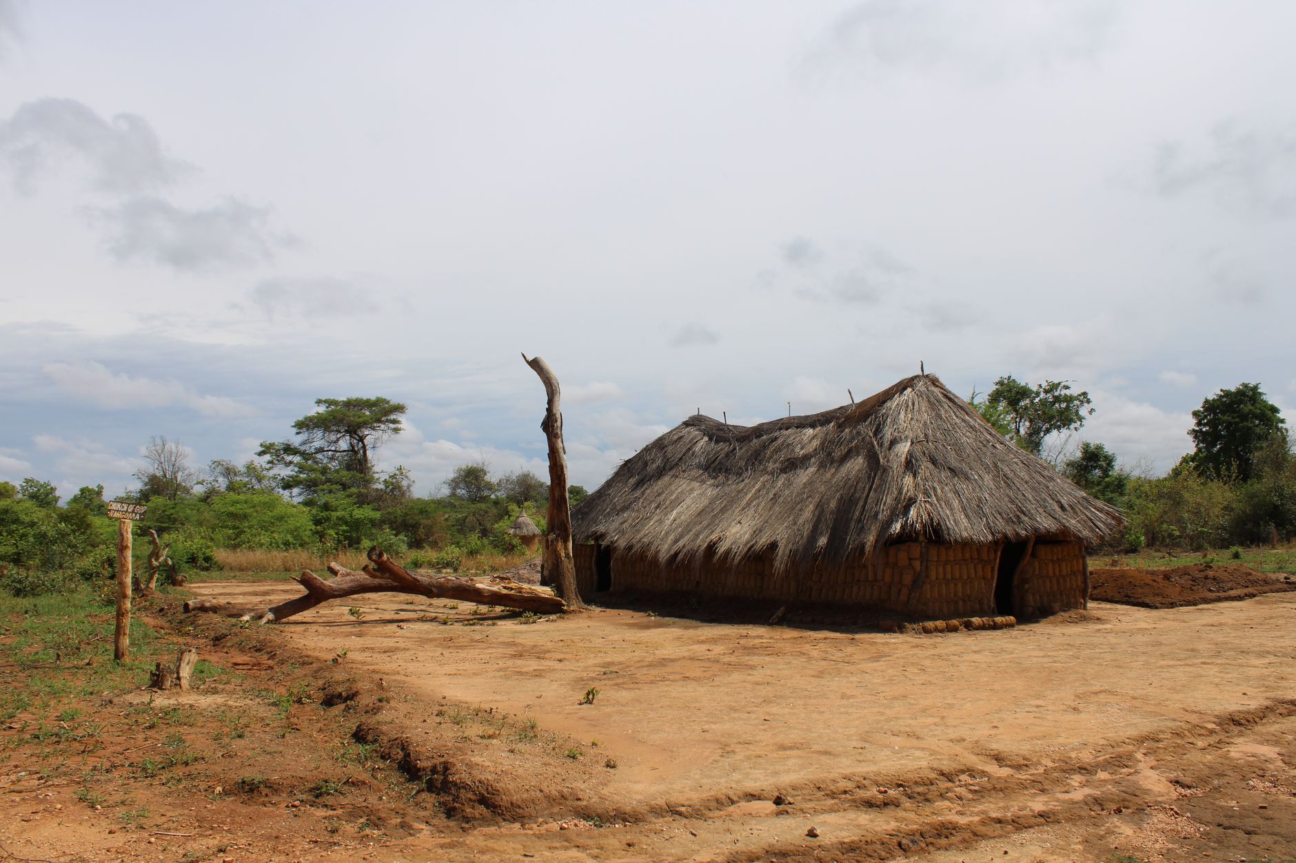 Scenic view of a traditional thatched hut in rural Zambia against a clear sky.