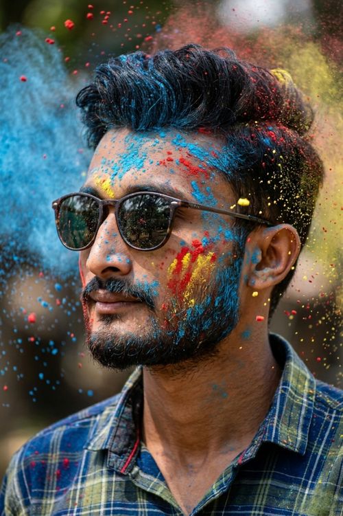 Free A vibrant portrait of a man with colorful powders on his face celebrating Holi in Kolkata, India. Stock Photo