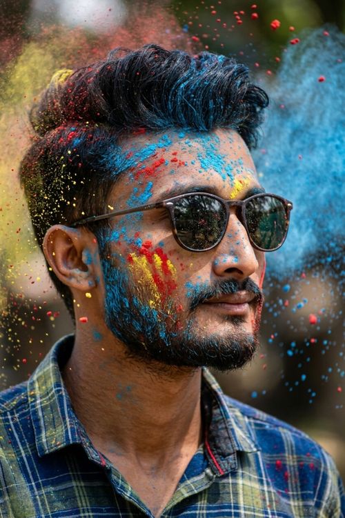 Free Colorful celebration of Holi festival showcasing vibrant colors on a young man's face in Kolkata, India. Stock Photo