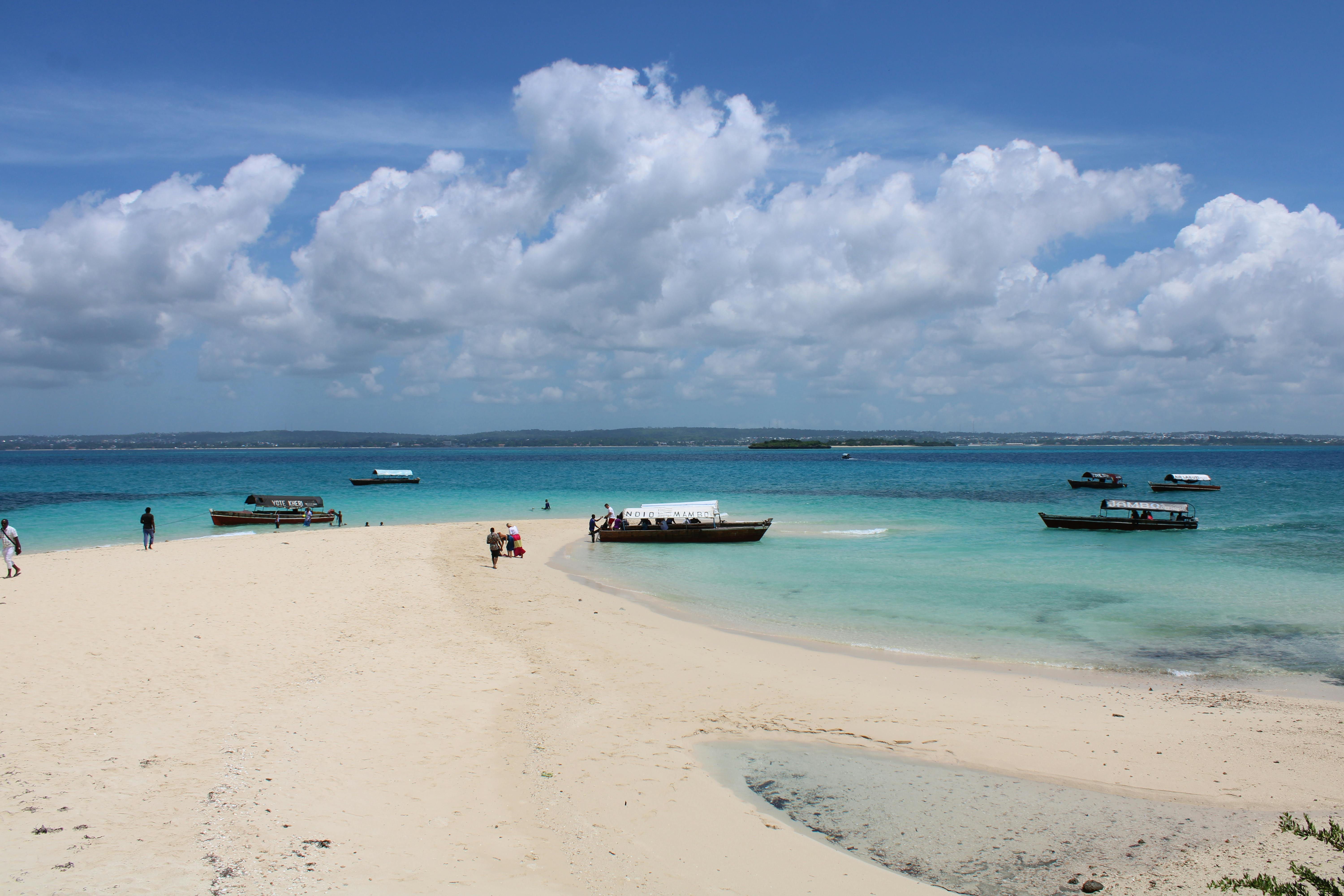 Boats anchored near a sandy beach on a sunny day in Zanzibar.
