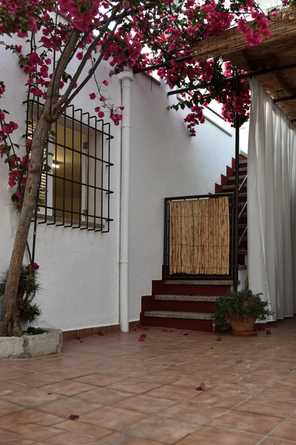 Fotomural Patio rústico con buganvillas que cubren paredes blancas y escaleras de azulejos.