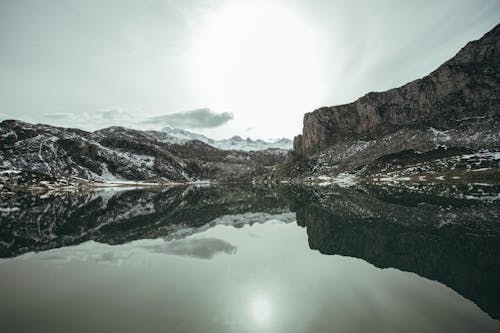 Mountain lake reflecting rough snowy cliffs