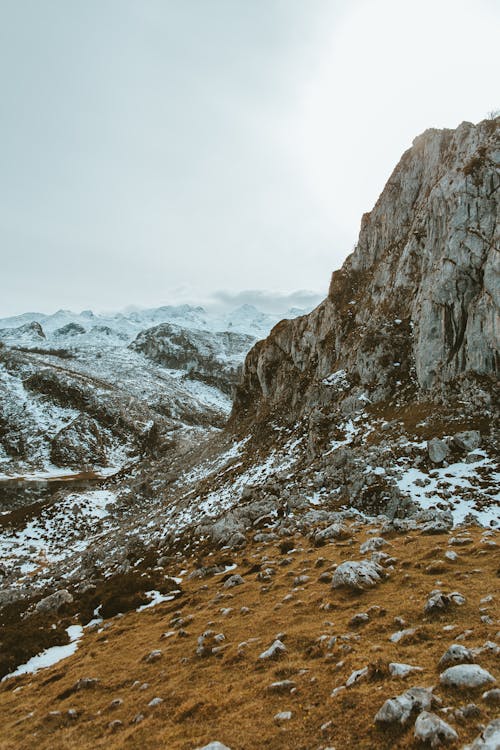 Snowy mountain terrain on winter day