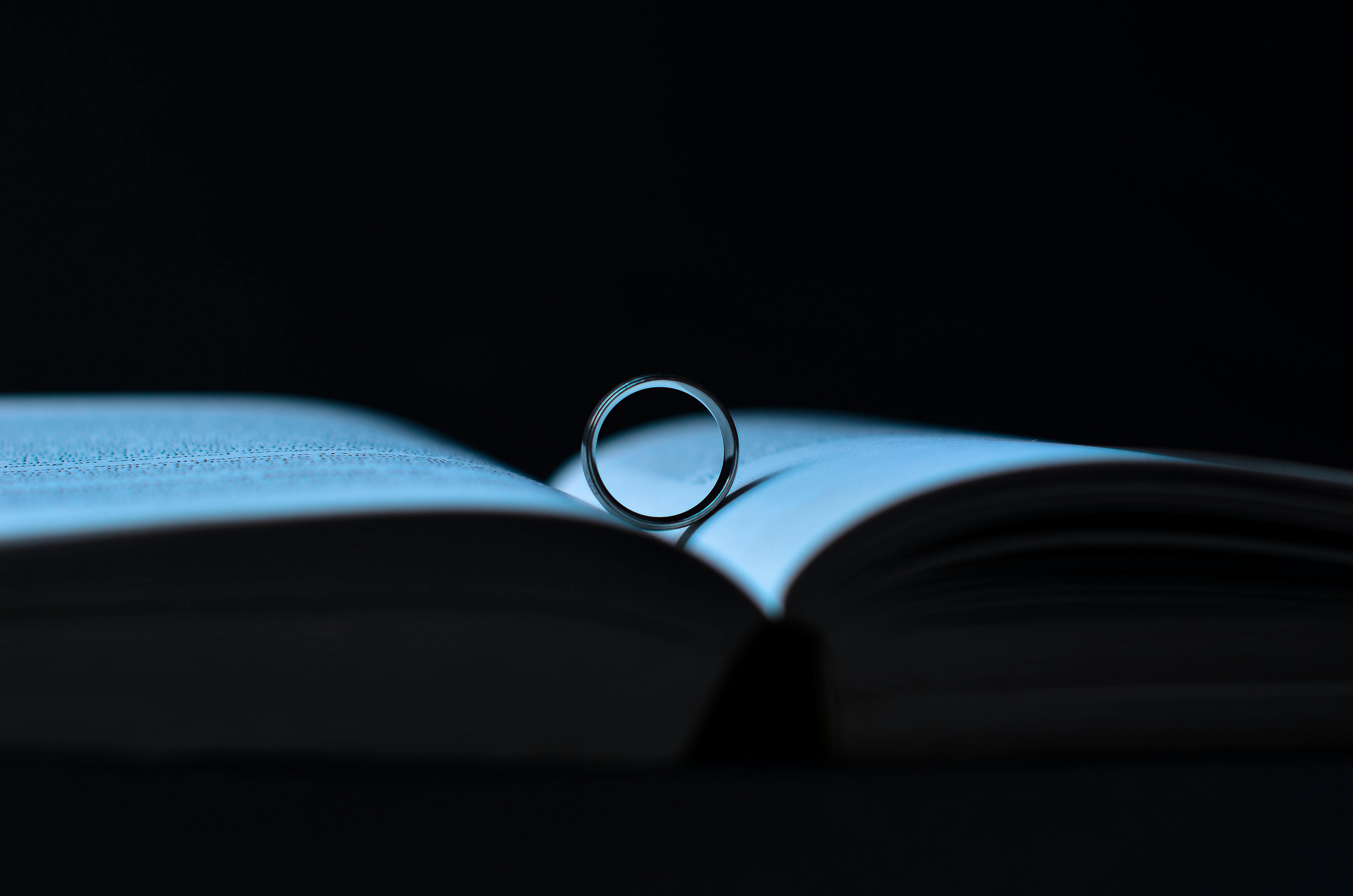 silver ring on book page