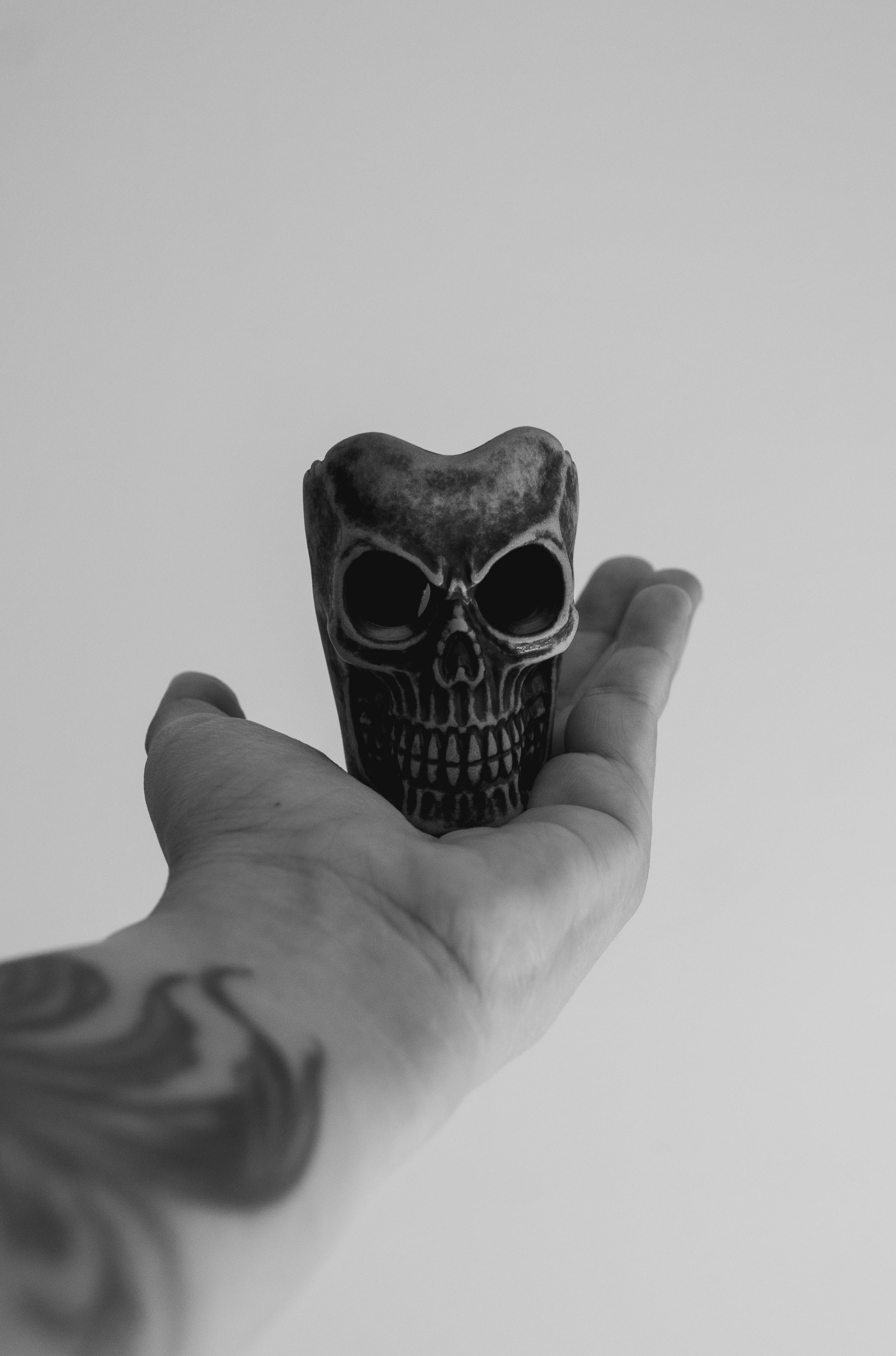 Gratis En hånd med tatoveringer som holder en liten hodeskalle, fanget i svart-hvitt for en dramatisk effekt. Arkivbilde