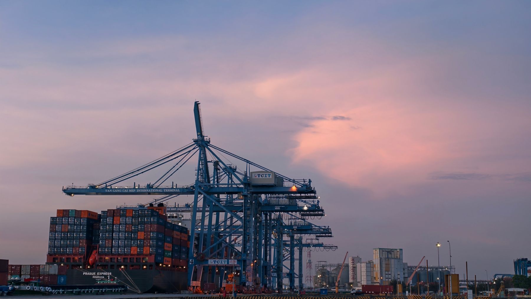 Container terminal in Vietnam at sunset