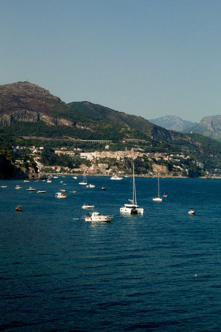 Beautiful view of Sorrento's coastline with boats on the Mediterranean Sea, Italy.