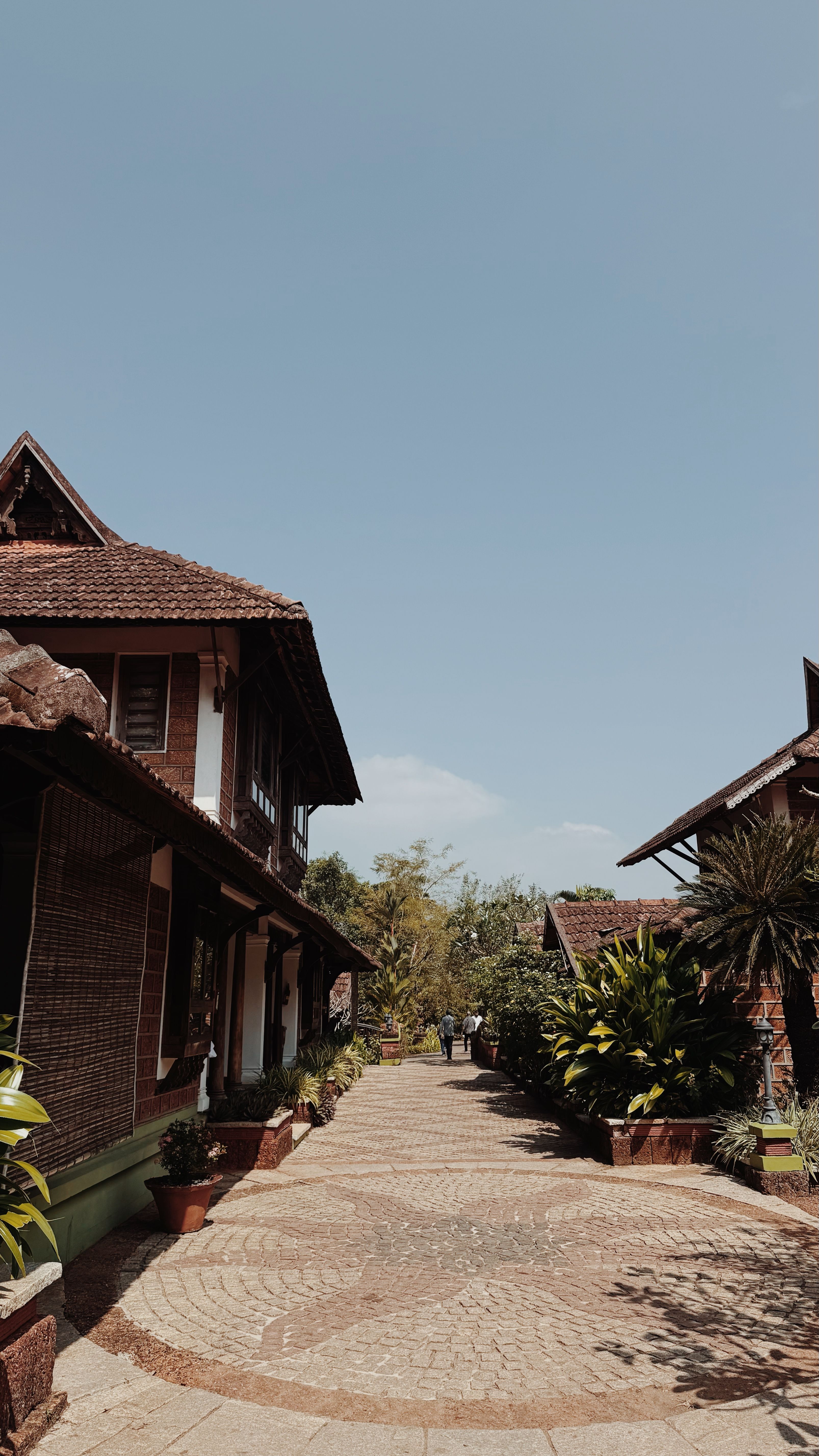 Scenic view of a picturesque street in Kerala, featuring rustic architecture and lush greenery.