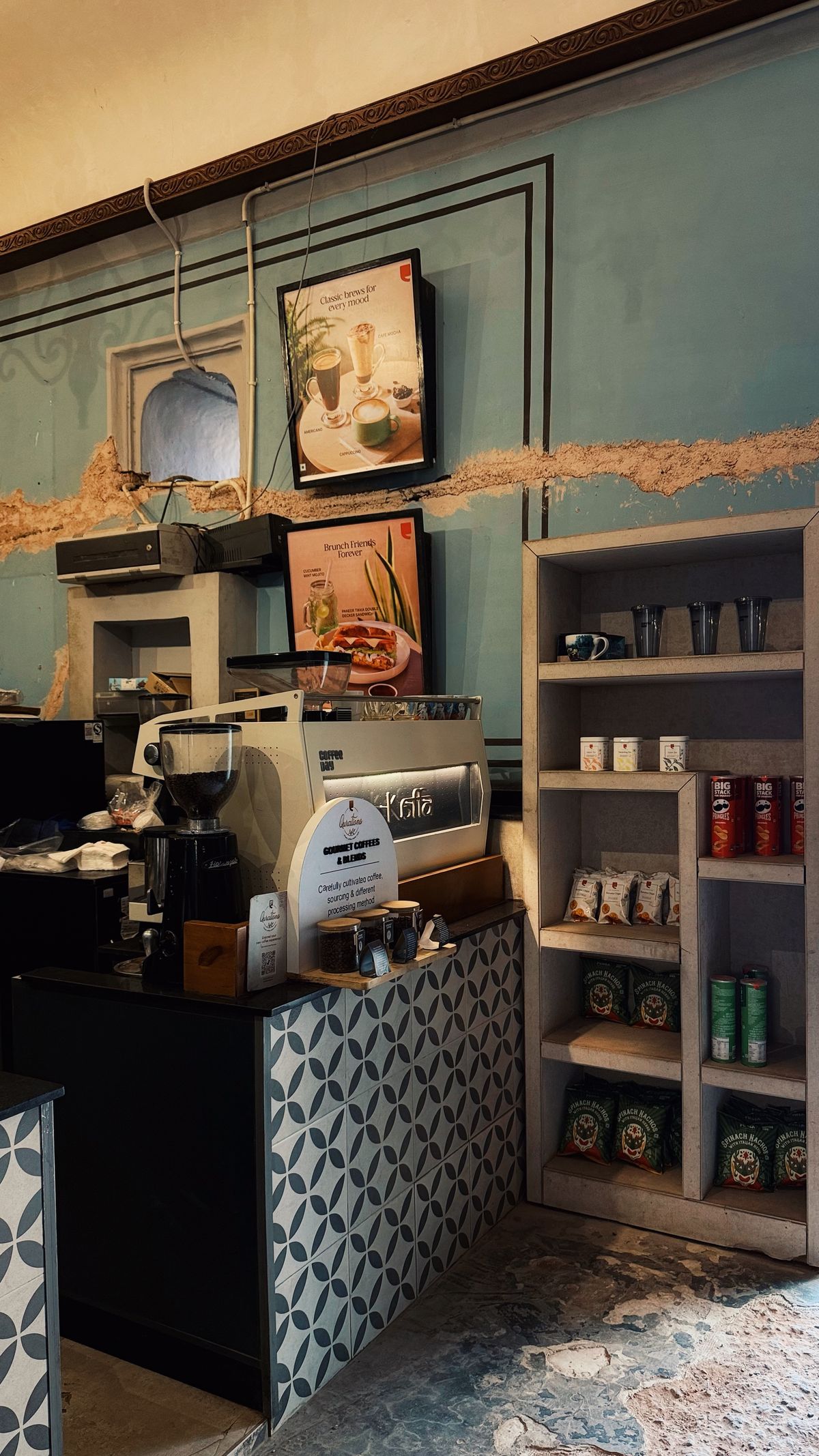 Warm café interior with coffee bar and cozy seating