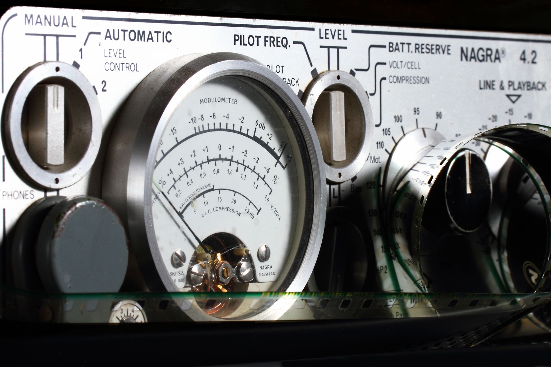 Detailed view of a Nagra 4.2 audio recorder control panel, highlighting gauges and dials.