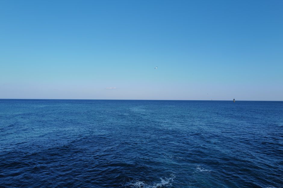 A serene view of the vast blue ocean merging with the clear sky on a sunny day.