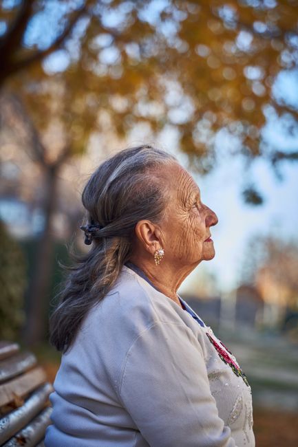 Fotomural Retrato de una anciana sentada en un banco, disfrutando de un día tranquilo en un parque de San Sebastián de los Reyes.