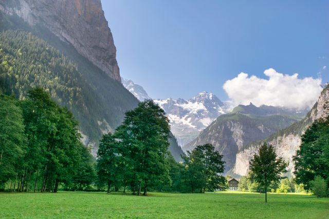 Green Alpine Valley And Mountain Peaks In Lauterbrunnen Switzerland
