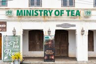 Front view of the historic Ministry of Tea building with Ceylon Tea branding in Sri Lanka.