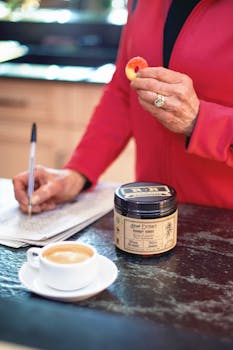 Person enjoying hemp gummies, writing notes, and having coffee in a kitchen setting.