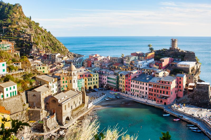 Stunning aerial view of Vernazza in Cinque Terre, Liguria, Italy, by the sea.
