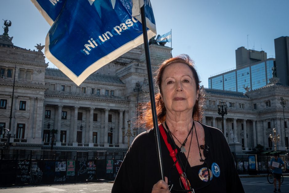 Una mujer sostiene una bandera en señal de protesta frente al Congreso Nacional Argentino, con la luz del sol iluminando su rostro.