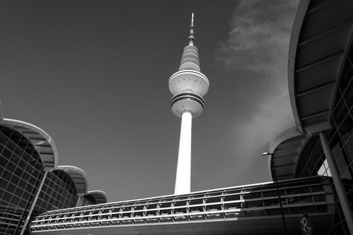 Free Black and white photograph of the iconic Heinrich Hertz Tower in Hamburg. Stock Photo
